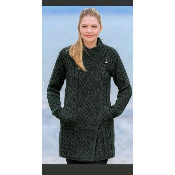 Aran Mor Gray Cable Knit Coatigan Celtic Knot Side Zip 100% Merino Wool Sweater - Picture 1 of 5
